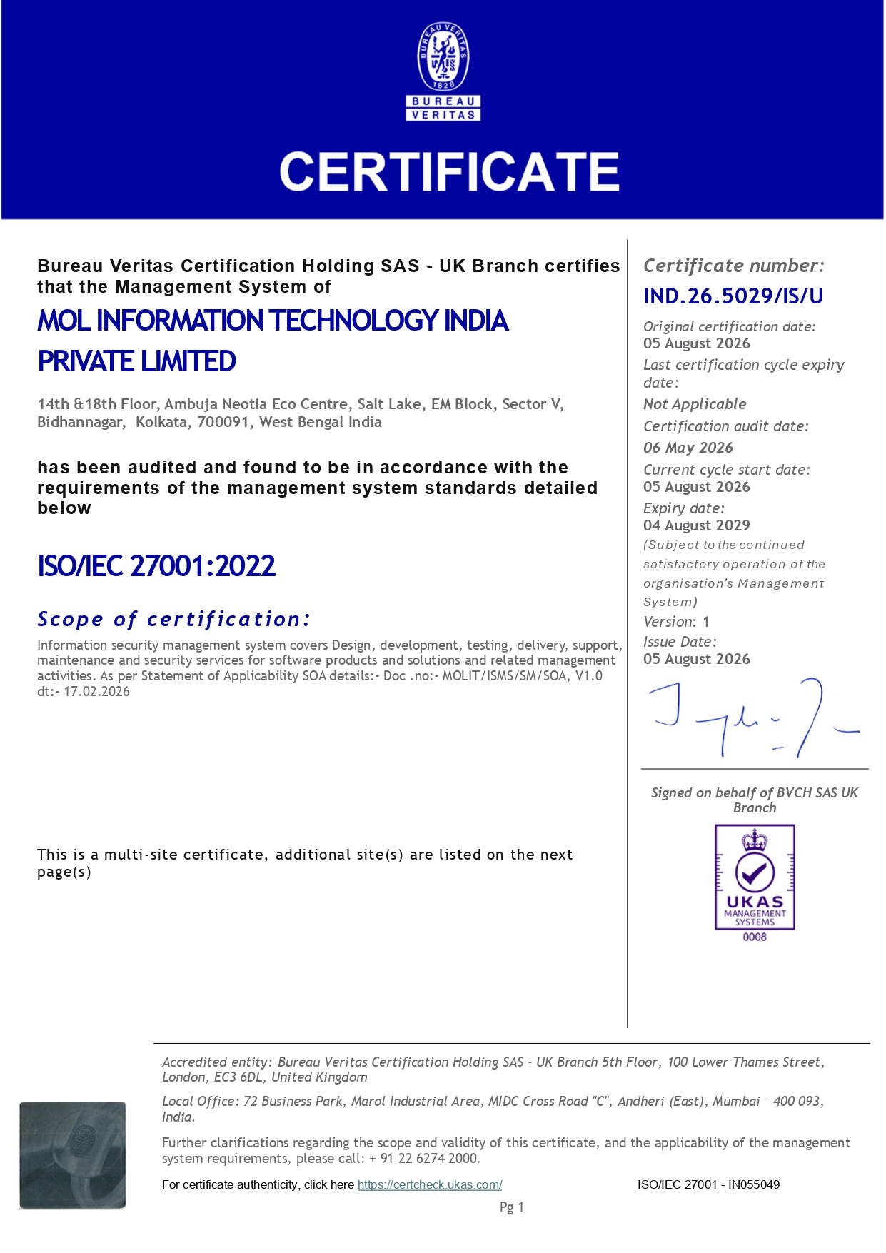 ISO/IEC 27001:2022 Certificate 1