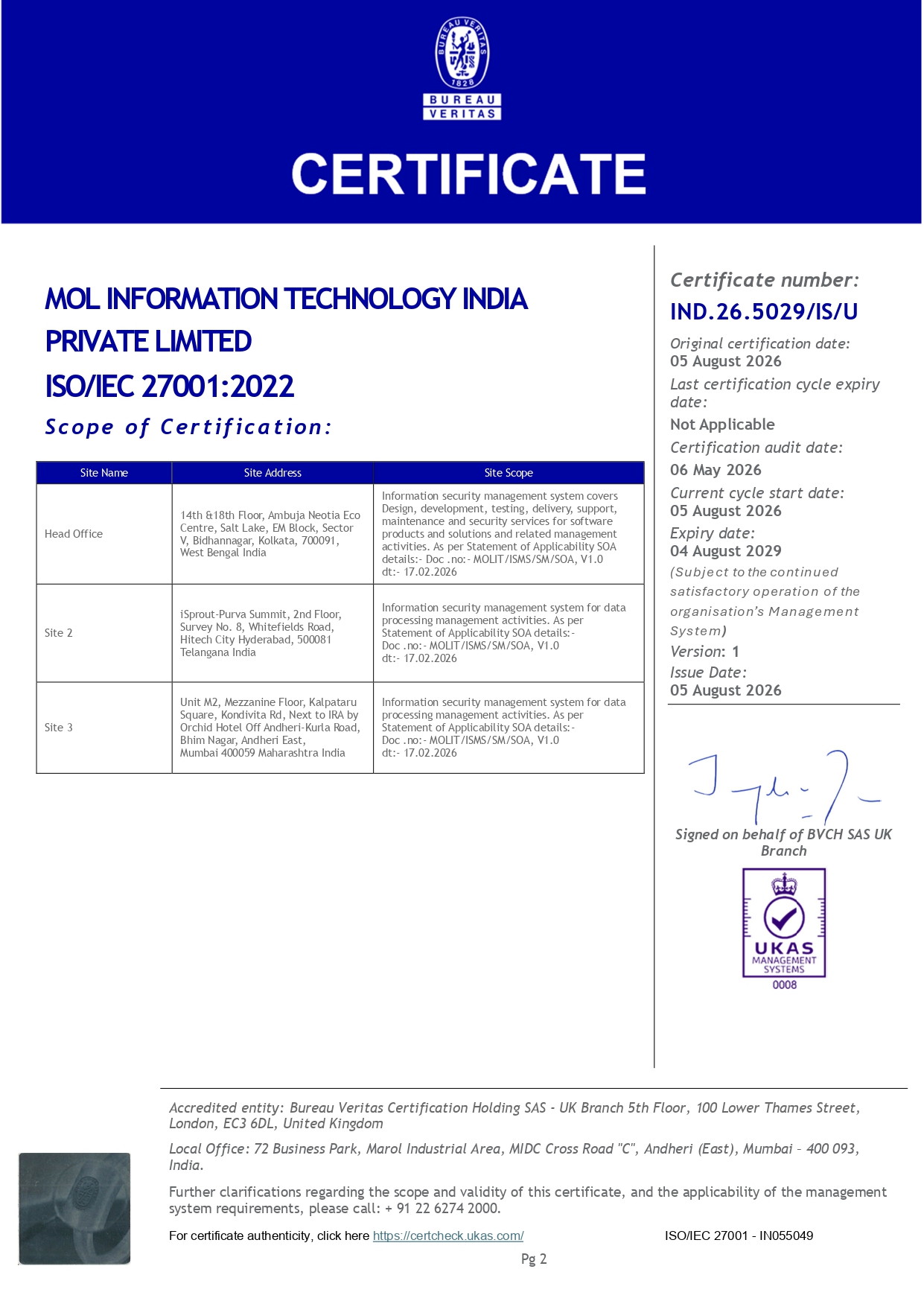 ISO/IEC 27001:2022 Certificate 2